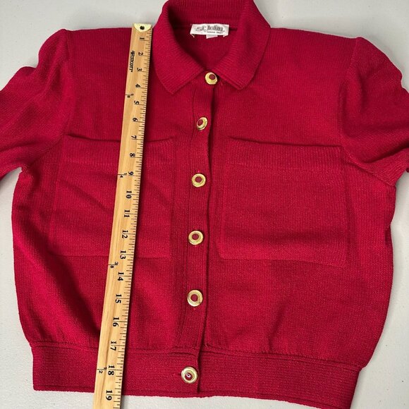 St John Marie Gray Cardigan Size 8 Red Gold Button Front Santana Knit - Picture 6 of 10